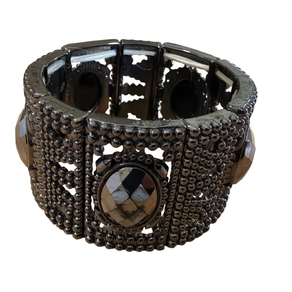 Gunmetal Beaded Stretch Panel Bracelet Faceted Grey Stone Statement Cuff Gothic